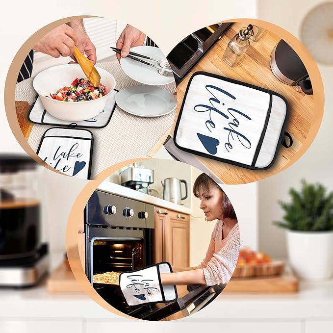 Lake Life Gifts Pot Holders with Pockets, Lake Life House Gifts for Cabin Owners Women Oven Pot Holders Heat Resistant Oven Mitts Hot Pads for Kitchen Baking Cooking (White)