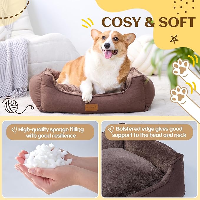 OUPEIWAWA Rectangle Dog Bed for Large Medium Small Dogs Washable Pet Bed with Bolster Sides Non-Slip Bottom Pet Sofa Waterproof Lining Durable Pet Cuddler, Dark-Brown, 33x 26x 7.5