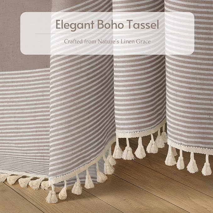 XOGUIBO Taupe Shower Curtain Farmhouse Linen Striped Shower Curtains for Bathroom with Tassel 72 X 72