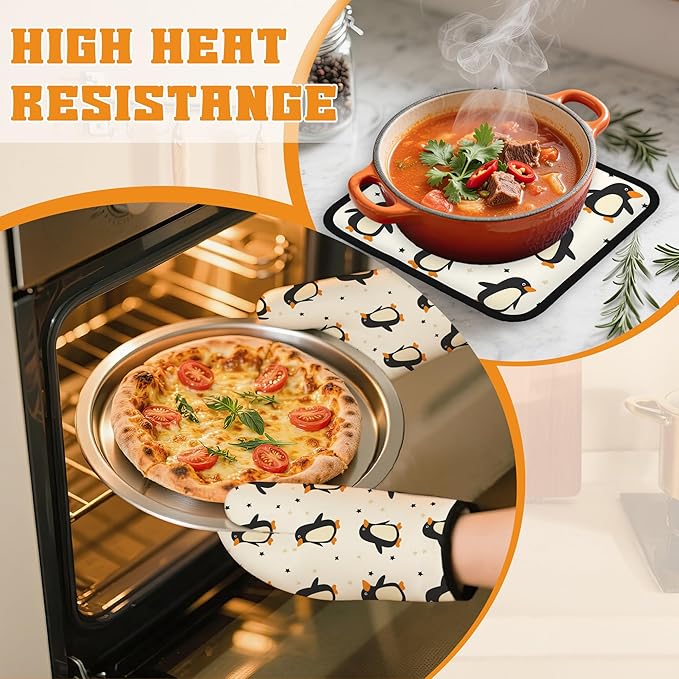Cute Penguin Oven Mitts and Pot Holders Set,Kitchen Decor Heat Resistant Non Slip Hot Pads and Oven Mitt for Chef Cooking Baking BBQ Mom Girl Gifts(4 Piece Set)