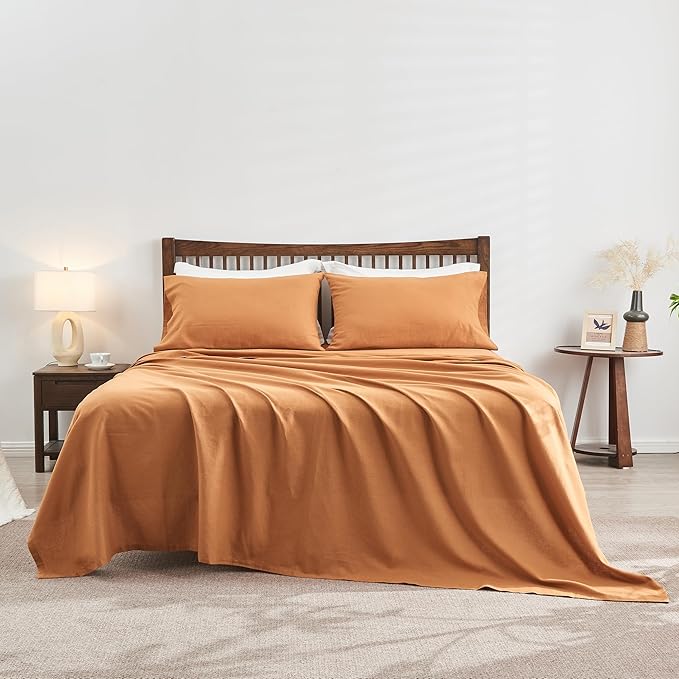 Simple&Opulence Belgian Linen Sheet Set Solid Color - 4 Pieces (1 Flat Sheet, 1 Fitted Sheet & 2 Pillowcases) Natural Flax Cotton Blend Soft Breathable Farmhouse Bedding - Full Size, Rust