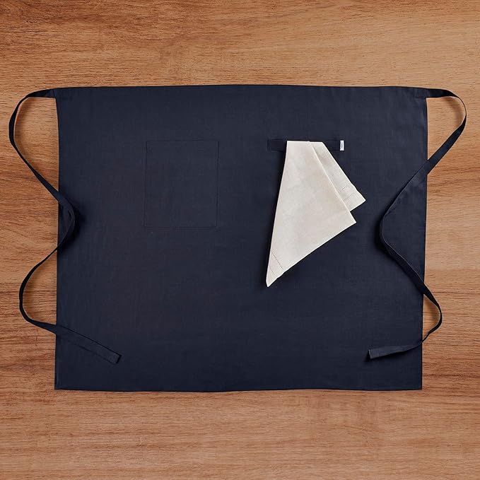 Solino Home Linen Bistro Server Apron - Extra long ties with Pockets - 100% Pure Linen Midi Half Apron for Men and Women