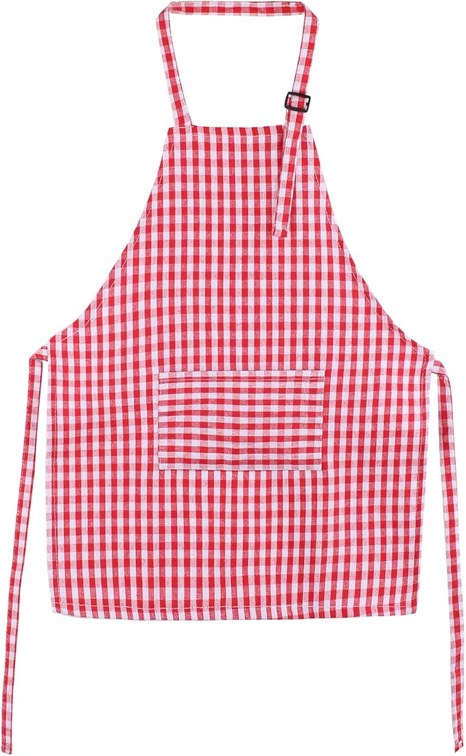 Jennice House Kids Aprons - Children's Artists Pure Cotton Gingham Apron With Pocket and Adjustable Neck Strap, Painting and Baby Chef Party Apron (Red, S)