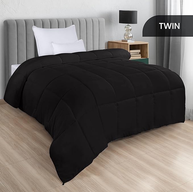 Utopia Bedding Comforters Twin Size, All Season Duvet Insert, Down Alternative Box Stitched Bed Comforter with Corner Tabs, Machine Washable (Black)