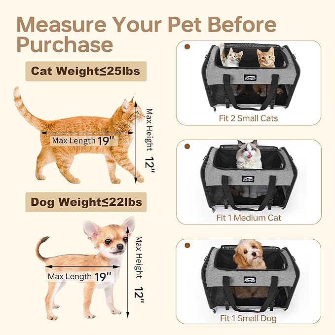 Furtent Soft Sided Two Cats Dog Carrier up to 25 lbs, Portable Mesh Pet Travel Bag for Medium Puppy Big Cats, Collapsible Puppy Crate Home Outdoor 20x13x13in, Grey