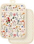 Slohif Silcone Flowers Pot Holders for Kitchen - 100% Cotton Beige Cute Oven Potholders with Pockets, Heat Resistant Square Thick Hot Pads, House New Home Baking Baker Gifts,2pack