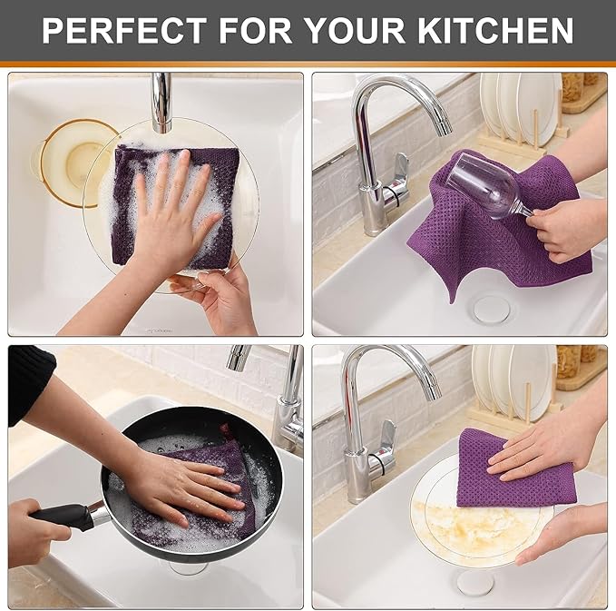 Kitinjoy 100% Cotton Kitchen Dish Cloths, 12 Pack Waffle Weave Ultra Soft Absorbent Dish Towels for Drying Dishes Quick Drying Kitchen Towels Dish Rags, 12 X 12Inch, Violet