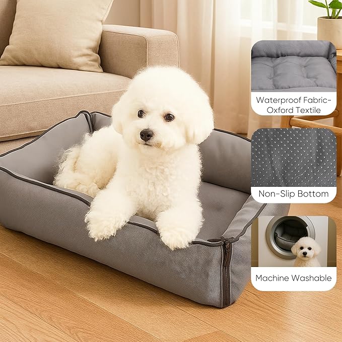 FuzzyTrek Waterproof Oxford Dog Bed, Foldable Crate Mat for Small Medium Dogs, Orthopedic Pet Cushion with PP Cotton, Chew Resistant, Anti-Slip Base, Indoor Outdoor Washable Portable Bed, Gery