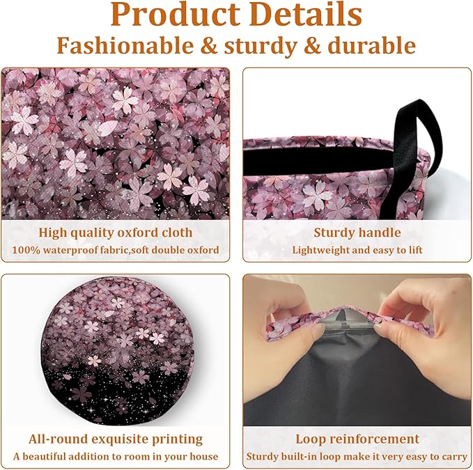 Pink Cherry Blossom Laundry Basket with Sturdy Handles, Glitter Flower Collapsible Oxford Cloth Laundry Hamper Organizer Basket for Bathroom Bedroom 15.7x20 Inch