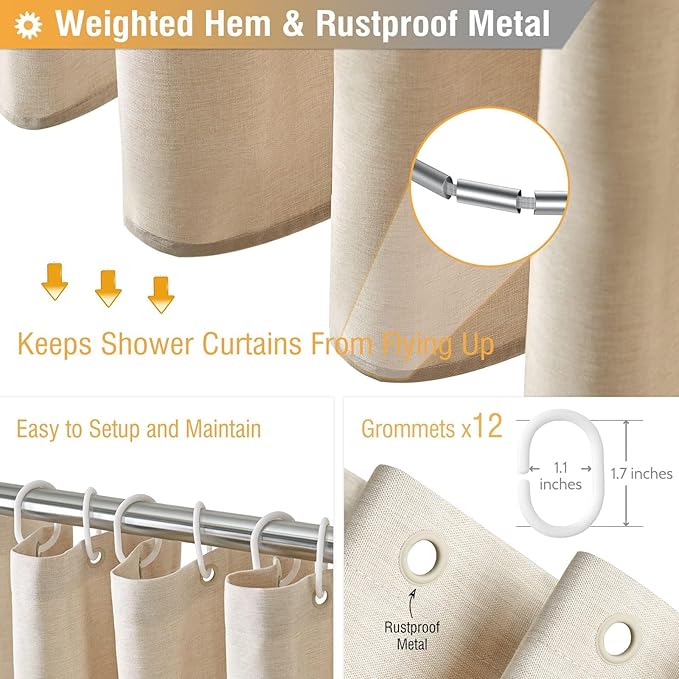 BTTN Extra Long Fabric Shower Curtain - 72 x 90 Inch Linen Textured Heavy Duty Cloth Shower Curtain Set with 12 Plastic Hooks, Large Hotel Luxury Polyester Shower Curtains for Bathroom, Beige/Cream