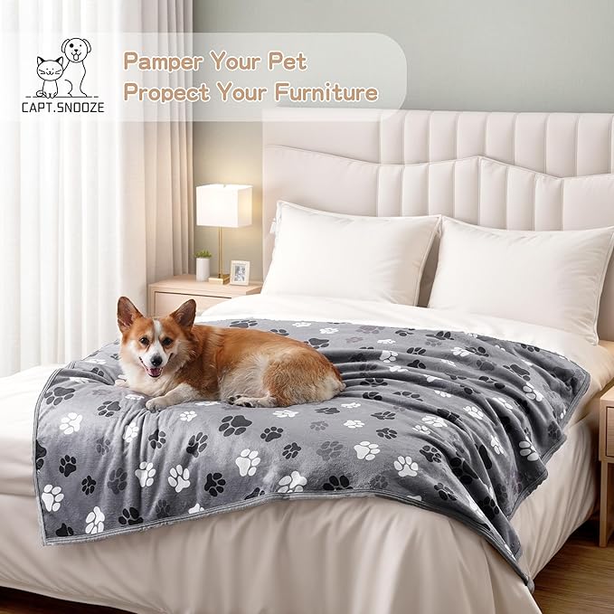 CAPT.SNOOZE Waterproof Dog Blankets Pet Blanket, 30"x40" Cat Blanket for Indoor Cats, Soft Fluffy Sofa Car Bed Protector, Reversible Sherpa Fleece Puppy Blanket for Small Medium Dogs (Dark Grey-Paws)