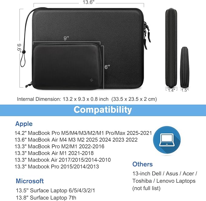 FINPAC Hard Laptop Sleeve with Accessory Pouch Compatible with 13 inch MacBook Air M4 2025 M3 2024, 14 inch MacBook Pro M5/M4/M3/M2, Surface Laptop Waterproof Case, Black