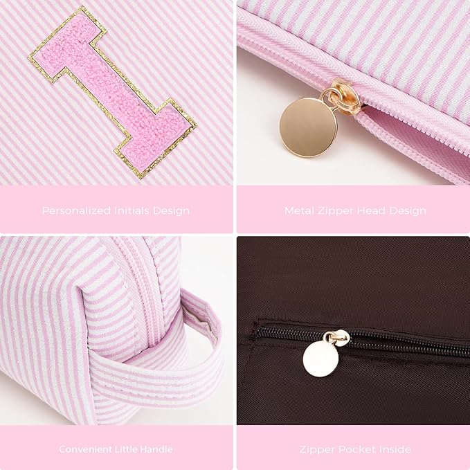 Btffitting Personalized Makeup Bag for Women Girls - Fashion Cosmetic Bag Trendy Travel Toiletry Bag with Initials Letter - Teen Gifts - Pink,I