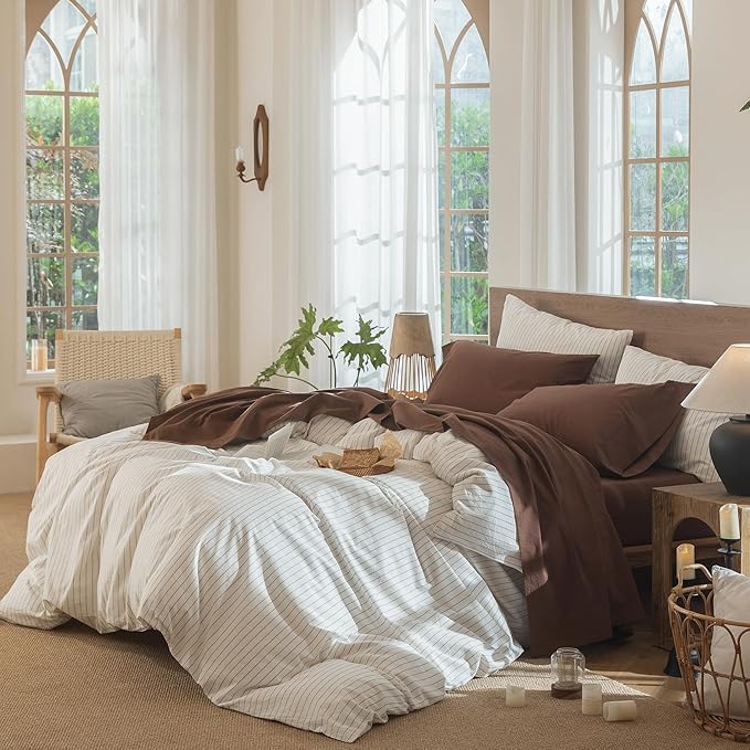 MooMee Bedding Sheet Set 100% Washed Cotton Linen Like Textured Breathable Durable Soft Comfy (Solid Cocoa Brown, Twin XL)