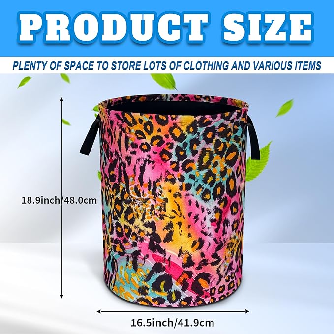 Colorful Leopard Print Laundry Basket Cheetah Oxford Cloth Laundry Hamper With Handle Foldable Portable Clothes Storage Basket 18.9 X 16.5 In Storage Bag For Laundry Room/Bathroom/Bedroom/Dormitories