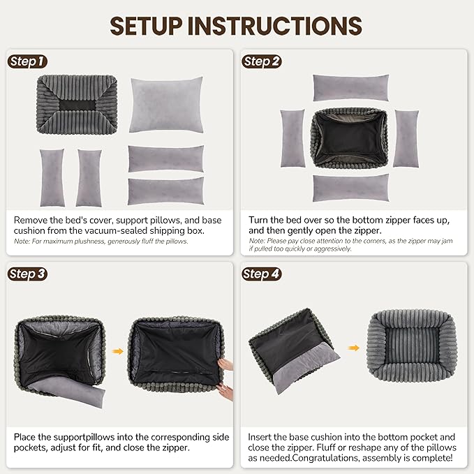 Warmrest Washable Dog Bed for Small Medium Dogs - Rectangle Orthopedic Corduroy Fleece Pet Bed with Removable Cover and Nonskid Bottom, Calming Puppy Bed Soft Pet Sofa, Grey(35x25x9inchs)