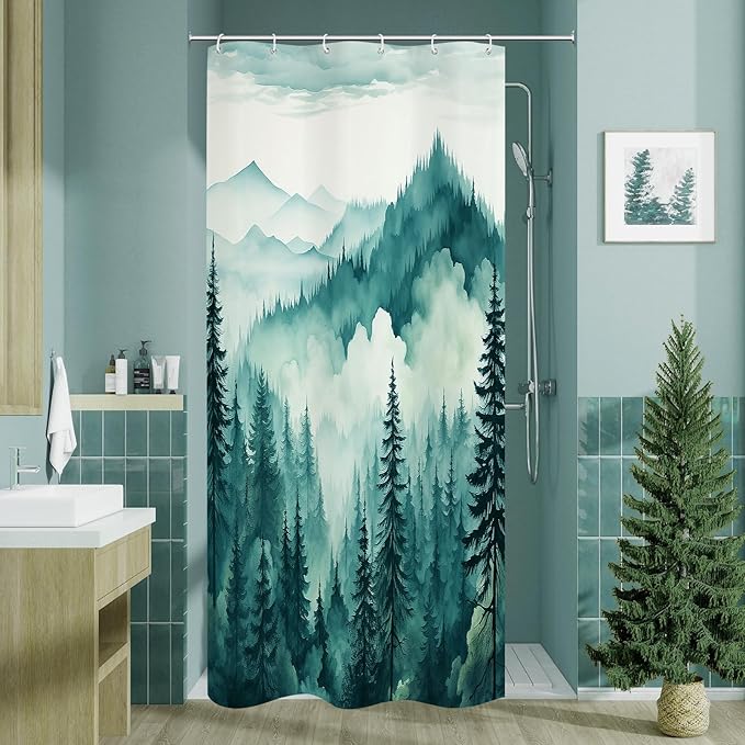 Litabel Teal Blue Small Stall Misty Pine Forest Shower Curtain 36 x 72, Mountain Foggy Woodland Scenery Tree Narrow Half Size Shower Curtains for Bathroom, Turquoise Waterproof Nature-Themed Decor