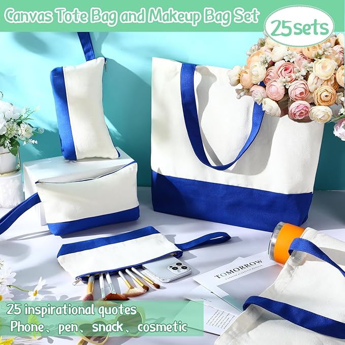 Sanwuta Canvas Tote Bags Bulk with Zipper Cosmetic Pouch 18.5" Reusable Cotton Shopping Bag with Handle for DIY Craft