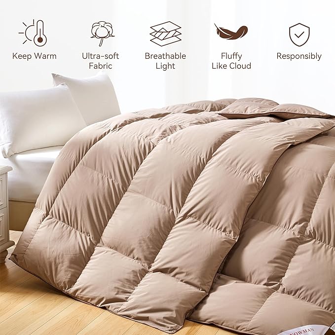 SNOWMAN Premium Down Comforter Palatial King Size, Luxurious All Season Duvet Insert with Cotton Blended Fabric, 3D Baffle Box Design Hotel Bedding Comforter (Khaki,120"x98")