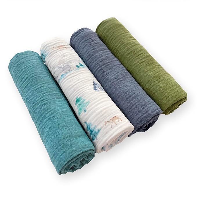 SwaddleDesigns Cotton Muslin Swaddle Blankets for Baby Boy & Baby Girl, Set of 4, Neutral Receiving Blankets for Newborn, Baby Registry & Gift, 46x46 inches, Watercolor Mountains & Trees