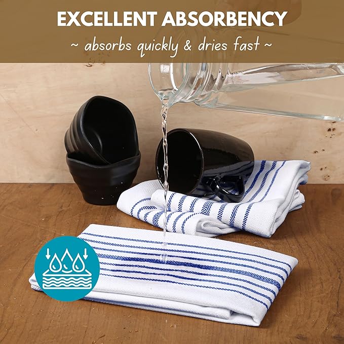 Native Fab Blue Kitchen Dish Towels 16"x26" Set of 12 Herringbone Weave - Scandia Stripe 100% Cotton Tea Towels, Dishcloths, Absorbent Reusable Hand Towels with Hanging Loop - Blue White