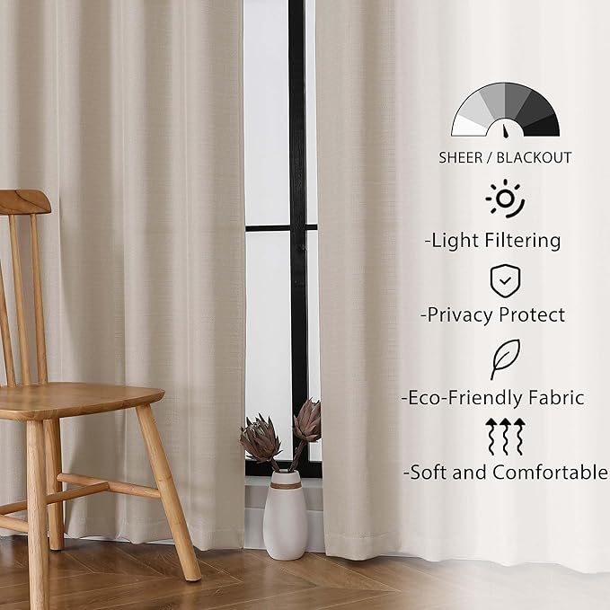 Lecloud Bessie Khaki Curtains 54 Inch Length 2 Panels Set, Light Filtering Curtains Faux Linen Textured Drapes for Bedroom Living Room, Soft Airy Rod Pocket Window Treatments, Each 30 W x 54 L