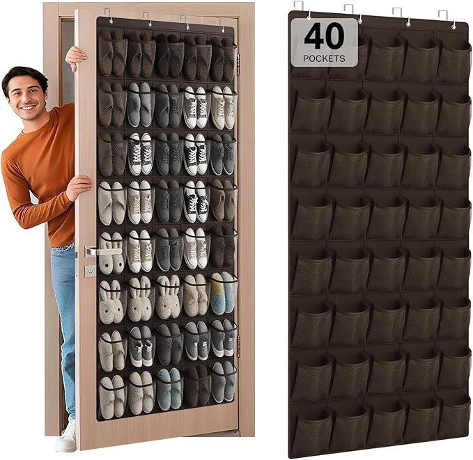 Hualleko 40-Pocket Over the Door Shoe Organizer - Large Mesh Pocket Hanging Shoe Organizer,Behind the Door Shoes Storage Holder Hanger (Coffee color)