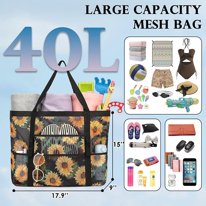 Fammart Mesh Beach Bag, Large Beach Tote with Zipper Pocket for Family Pool Bag for Toys & Vacation Essentials