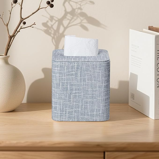 Cretkhp Square Tissue Box Cover with Magnetic Closure, Modern PU Leather Tissue Box Holder for Bathroom Vanity Countertop Night Stands Bedroom Office Desk, Stylish Cube Tissue Holder (Blue)