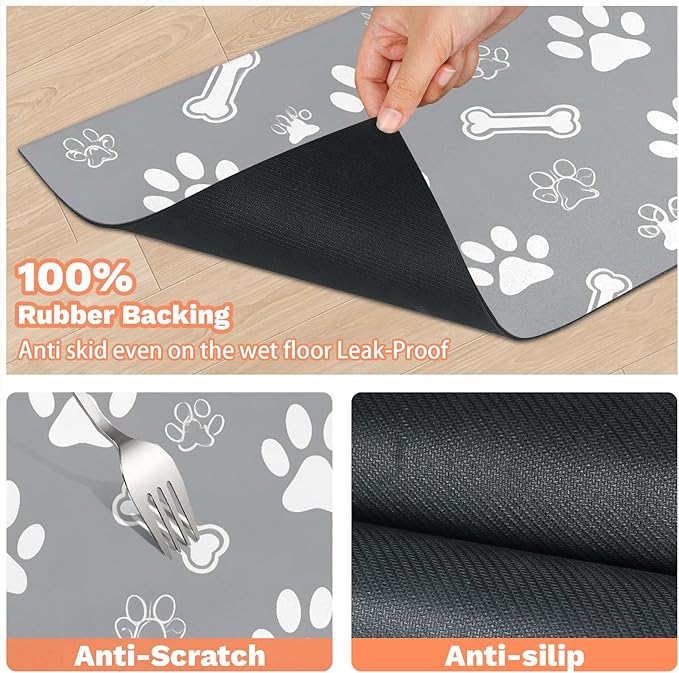 Eizlang Grey Dog Cat Food Mat,12"x20" Inches Rapid Absorbent Pet Feeding Mat,Pets Placemat Water Bowl Mats with Rubber Backing,No Stains Cat Dog Feeding Mats Indoor,Pet Accessories Supplies