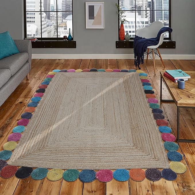 Scalloped Edge Rug, Hand Woven Natural Jute Area Rug, 4x7 Ft Beige & Multicolor Braided Sisal Kilim Rugs for Living Room, Kitchen, Entryway, Farmhouse