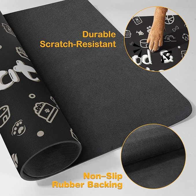 Pet Feeding Mat,Dog Cat Mat for Food and Water,Dog Bowl Waterproof Placemat with Rubber Backing,Absorbent Quick Dry Water Dispenser Mat for Pet（Black 12"×18"）