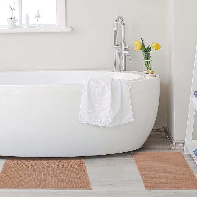 Superior Striped Bath Mat 2-Pack, 100% Combed Cotton, Luxury Spa Ribbed Texture, Durable and Washable Bathroom Mats - Coffee, 22" x 35" each