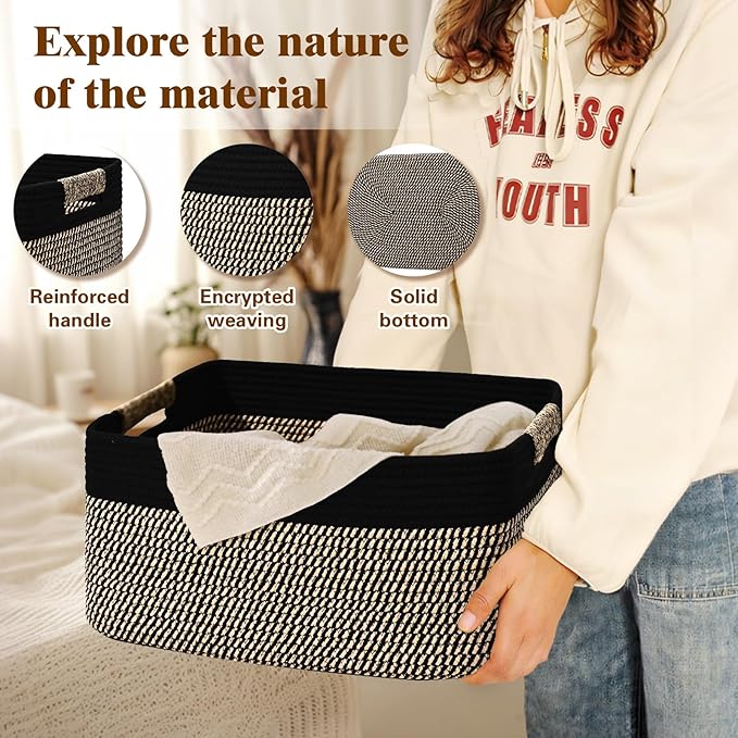 2 Pack Large Storage Basket for Organizing, 17.5"x13.5"x7.5" Woven Basket for Shelves, Closet Cube Storage Bins with Wrapped Handle, Cotton Rope Baskets for Kitchen, Clothes, Toys(Black & Brown)