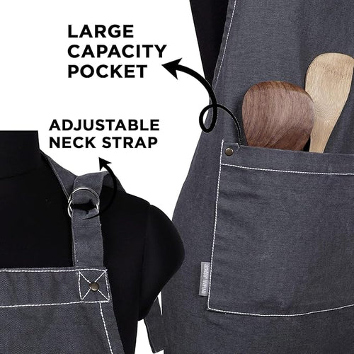AMOUR INFINI Cotton Solid Aprons for Women with Pocket, Adjustable Strap and Waist Ties Washed Chef Aprons for Cooking, Baking and Gardening (27.5 x 33 Inches - Gray)