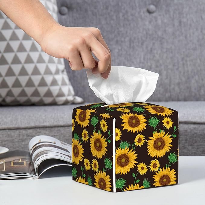 POIUBLE Sunflower Tissue Box Cover Leather Tissue Box Holder Square Facial Paper Organizer Dispenser for Bathroom Kitchen Bedroom Vanity Countertop Night Stands
