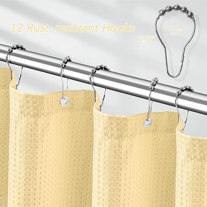 84 inch Long Shower Curtain Waffle Textured Beige Fabric Shower Curtains, 256GSM Heavy Duty Weighted Shower Curtains, Hotel Quality Luxury Polyester Bathroom Curtain with 12 Hooks