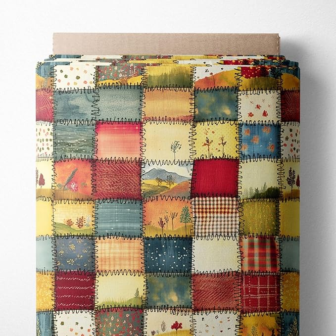 Countryside Landscape Patchwork Cotton Fabric – Premium Turkish Printed Cotton 140 GSM, Pre-Cut 61 x 36.6 Inches, Quilting & Sewing Fabric for Crafts, Home Decor & DIY Projects