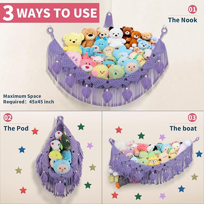 Stuffed Animal Hammock Corner - 56'' Jumbo Handcrafted 5mm Double Macrame Cord Stuffed Animal Storage Net - 100% Natural Cotton Toy Hammock Holder - Purple Stuffy Plushie Net w/LED Star Light