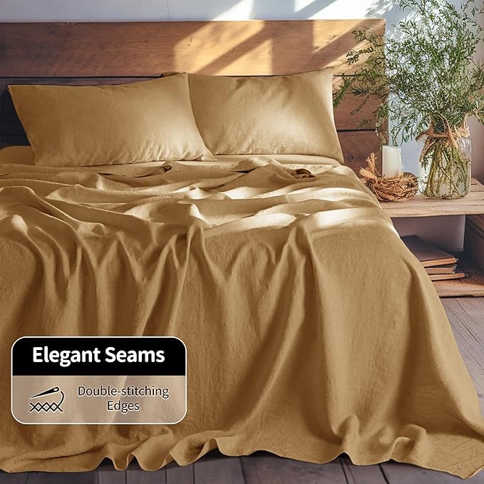 LBRO2M 100% Linen Sheet Set California King Size,Bed Sheets 4 Piece Sets,Solid Color Natural Flax Bed Sheets Soft Breathable Bedding,16" Deep Pocket,All Season (Clifornia King, Rust)