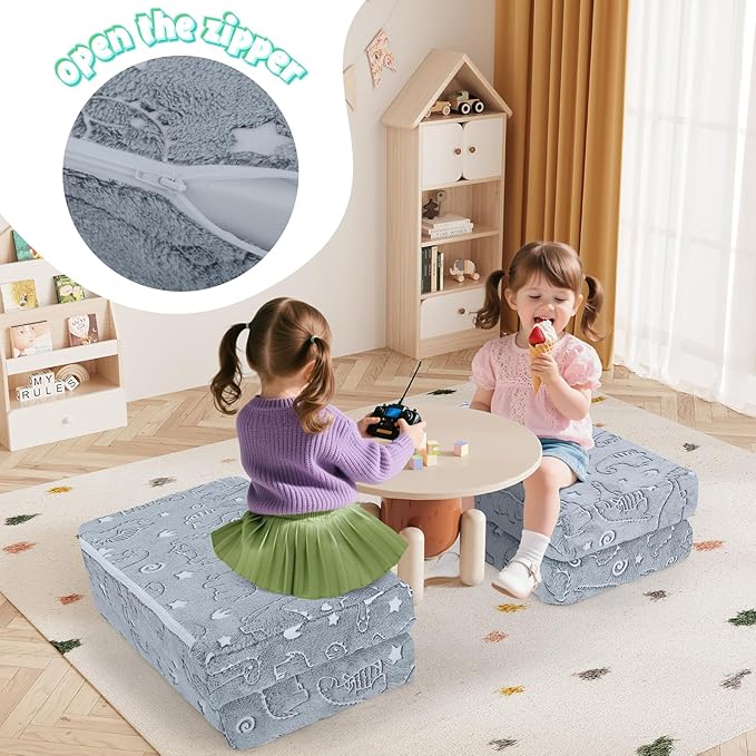 MeMoreCool Foldable Floor Mattress for Kids, Glow Dinosaur Trifold Mat, Kids Folding Mattress Portable Futon, Grey