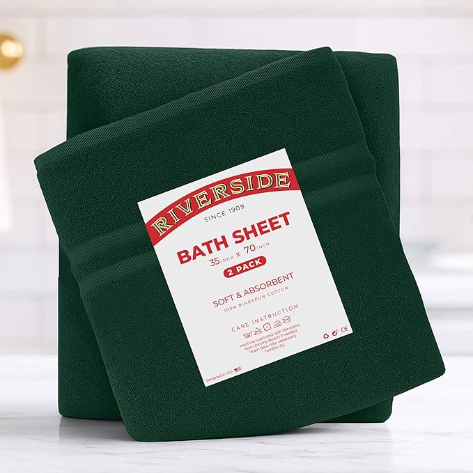 RIVERSIDE Pack of 2 Extra Large Bath Sheets 35 x 70 Inches - 100% Ring Spun Cotton Hotel Quality Oversized Bath Towels - Super Soft, Highly Absorbent & Quicker to Dry - Hunter Green