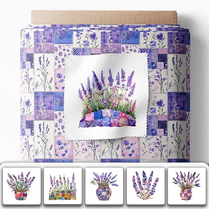 Lavender Patchwork Cotton Fabric Panel – 6 Designs (10×10 inch Each) + Bonus Sheet 29.5×19.6 inch, 100% Cotton 140 GSM, Made in Türkiye