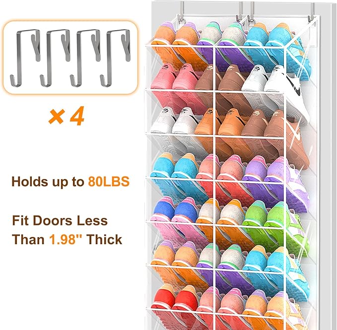 30 Pairs Over the Door Shoe Organizer, Transparent PVC Hanging Shoe Rack for Closet, 10-Tier Door Shoes Storage, Crystal-Clear Visibility Fit All the Family's Sneakers, Boots, Heels, White Frame