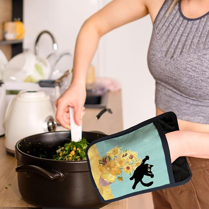 Funny Black Cat Flower Pot Holders with Pockets, Cat Kitchen Decor, Abstract Painting Black Kitten Oven Pot Holders Heat Resistant Oven Mitts Hot Pads for Kitchen Baking Cooking