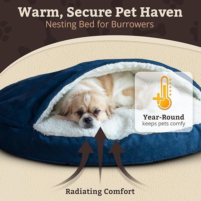 Snoozer Cozy Cave Dog Bed - Indoor Dog Bed with Cover Cave, Covered Calming Burrow for Medium & Large Sized Pets with Blanket Attached, Enclosed, Removable Washable Cover - XL, Sapphire