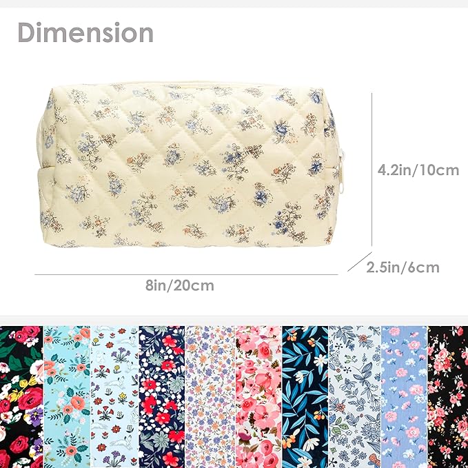 PAZIMIIK Vintage Quilted Makeup Bag Cosmetic Pouch for Brushes Pencils and Travel Make Up Accessories for Women and Girls Floral Blue