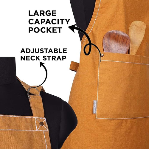 AMOUR INFINI Cotton Solid Aprons for Women with Pocket, Adjustable Strap and Waist Ties Washed Chef Aprons for Cooking, Baking and Gardening (27.5 x 33 Inches - Yellow)
