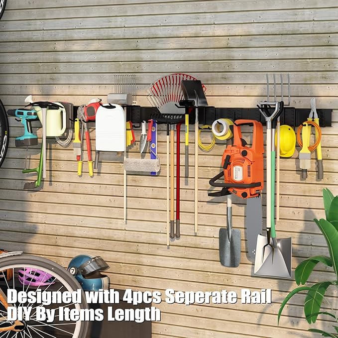 Howzone 64 Inches Garage Organization, Wall Mount Garden Tool Organizer, 880lbs Adjustable Heavy Duty Metal Hanging Hooks, Garden Tool Storage Rack for Garage, Yard, and Shed (4 Racks, 12 Hooks)