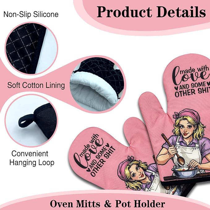 2 Pack Funny Baking Oven Mitts, Made with Love and Some Other Shit, Vintage Lady Heat Resistant Non-Slip Mitts, Humorous Bake Lovers Gifts, Housewarming Gifts for Women Hostess Chef Friend
